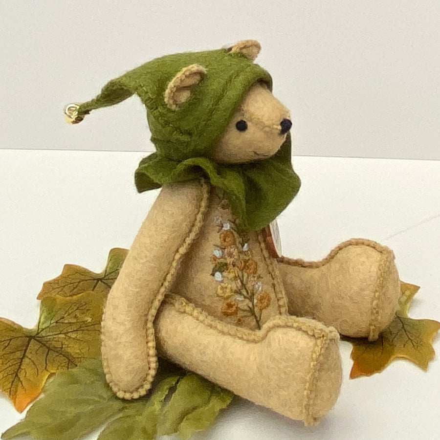 Elf teddy bear, hand embroidered collectable artist bear, hand sewn woodland elf