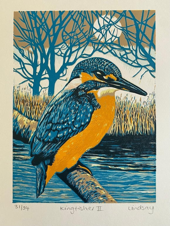 Handmade Limited Edition Lino Print - Kingfisher II