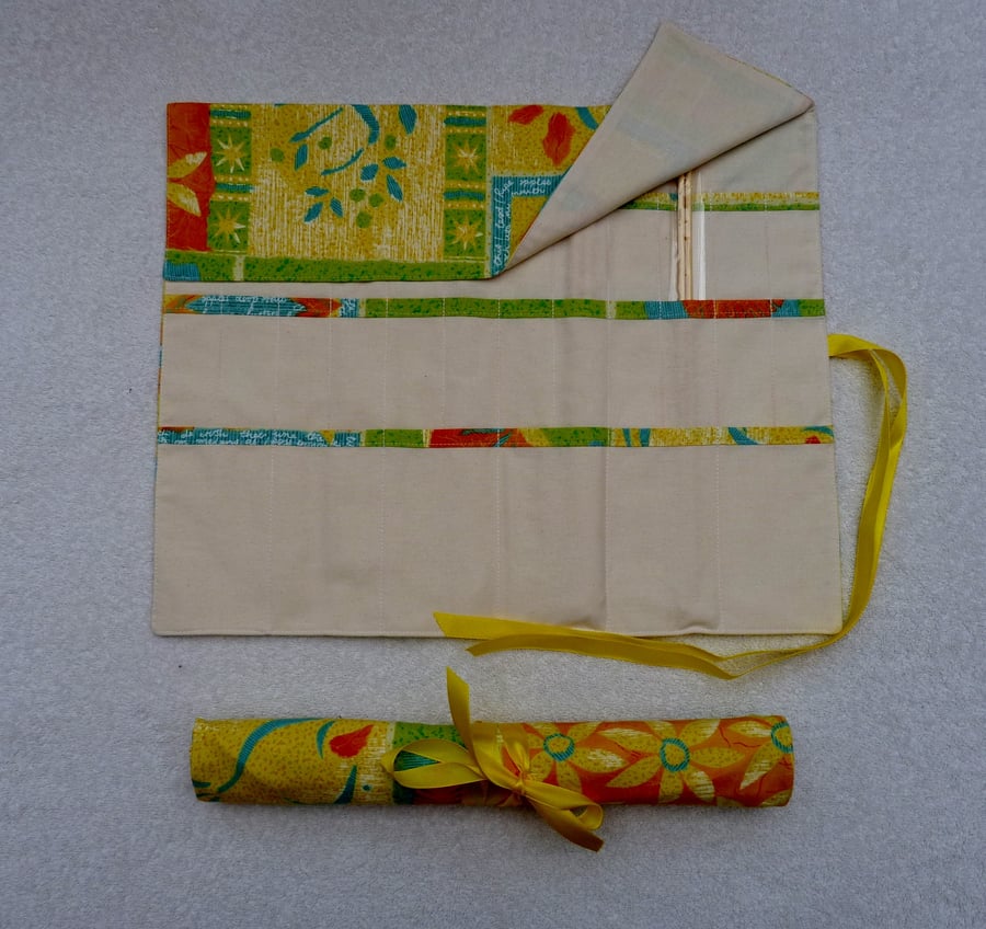 Knitting Needle Roll in Yellow Print Fabric with 3 Pairs Bamboo Needles