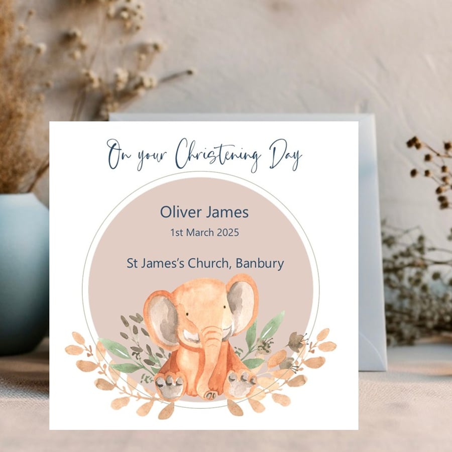 Personalised Christening-Baptism - Watercolour Animal Theme, Elephant, Boy -Girl