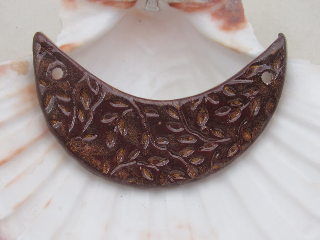 Dark Copper Leaf Pattern Ceramic Crescent Bib Pendant