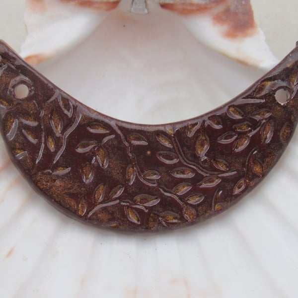 Dark Copper Leaf Pattern Ceramic Crescent Bib Pendant