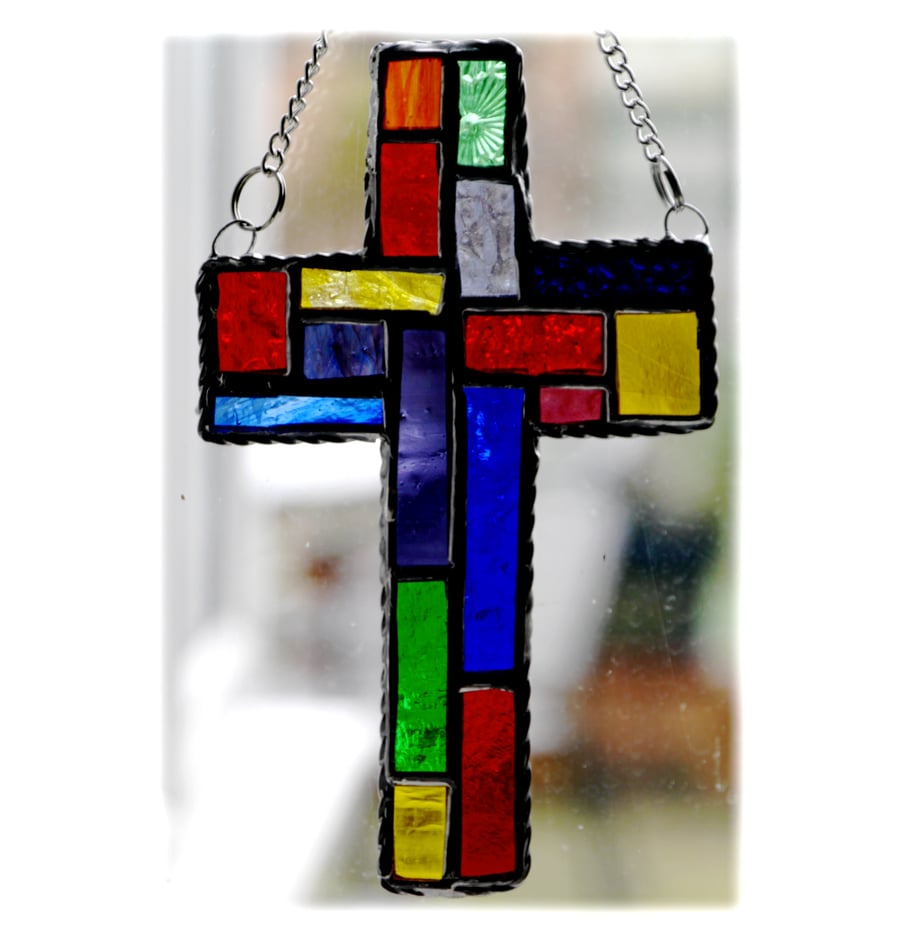  Cross Suncatcher Stained Glass  Patchwork Rainbow Handmade 029