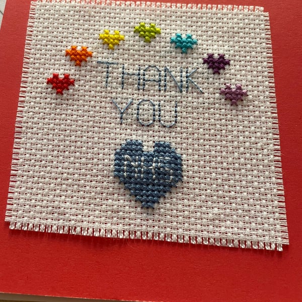 Cross stitched Thank You NHS card , handmade nhs card