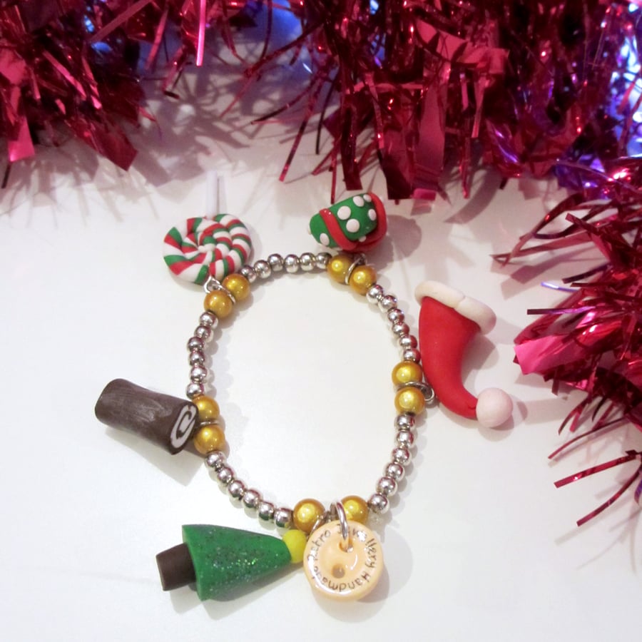 SALE Retro Christmas themed charm bracelet GOLD BEADS handmade, unique, quirky,
