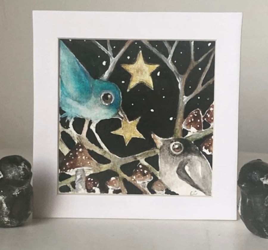 ACEO Original Birds with Stars and Mushrooms Watercolour 