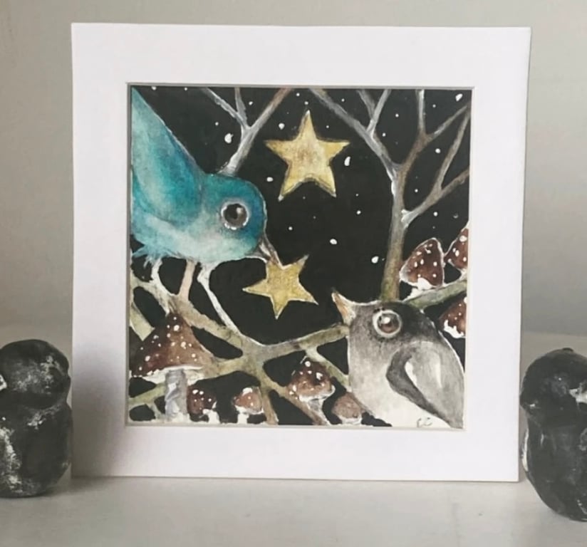 ACEO Original Birds with Stars and Mushrooms Watercolour 