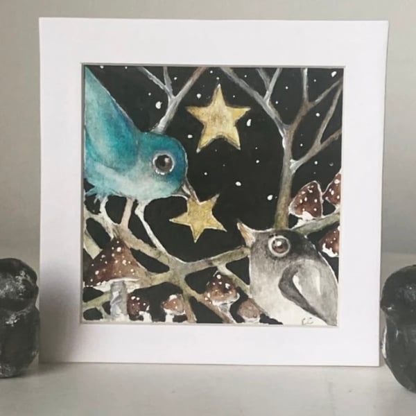 ACEO Original Birds with Stars and Mushrooms Watercolour 