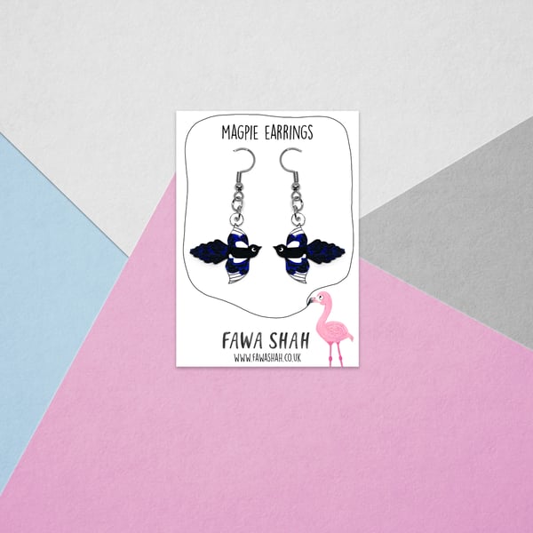 Magpie Drop Earrings - Handpainted - Bird Earrings