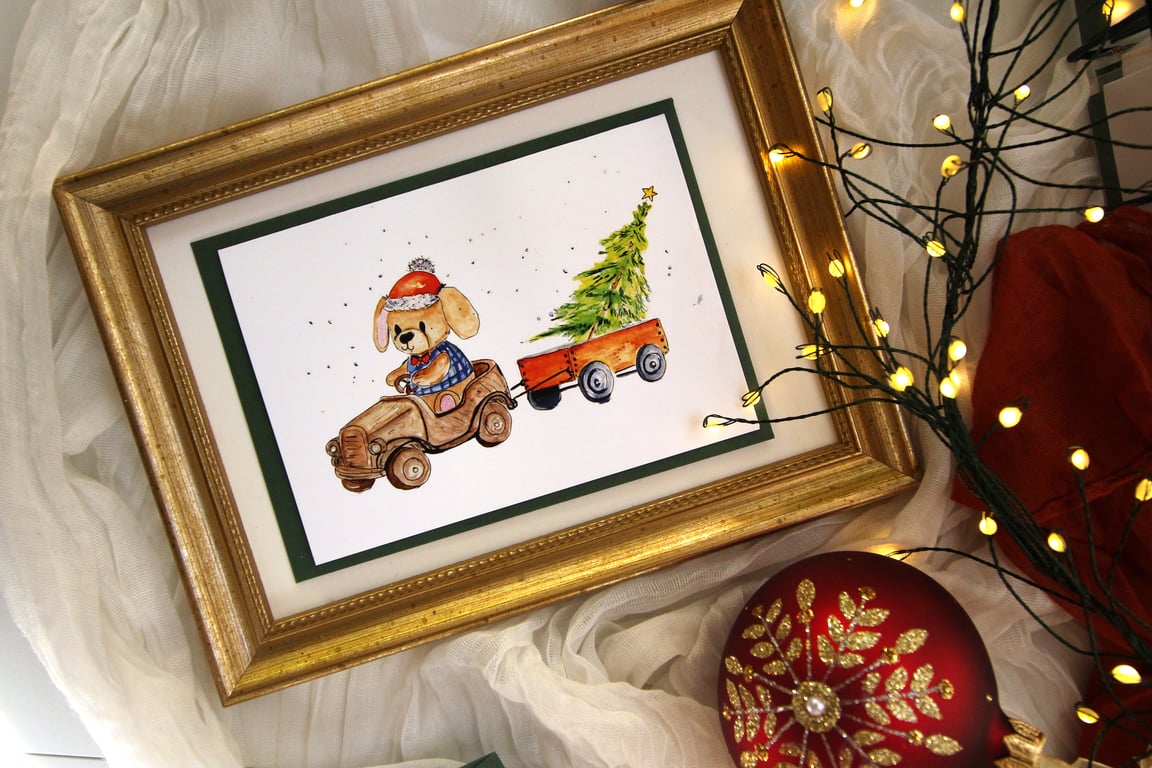 Little Boy’s Christmas Card – Puppy in Wooden Car with Christmas Tree