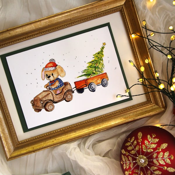 Little Boy’s Christmas Card – Puppy in Wooden Car with Christmas Tree