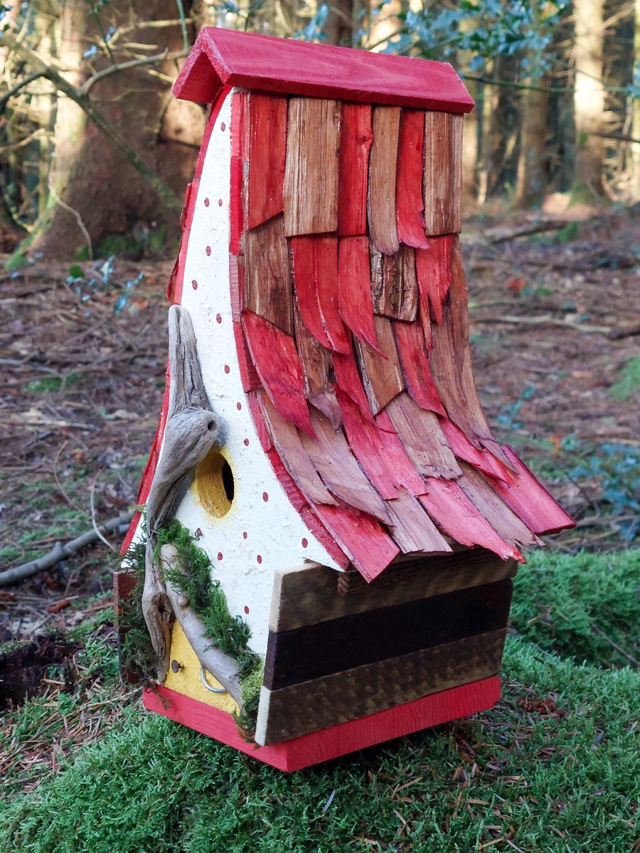 Whimsical quirky handmade fairy gnome bird house