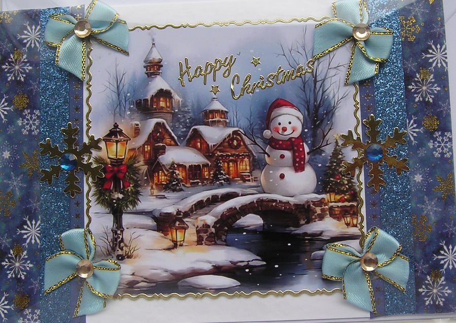 Hand Crafted Decoupage Chistmas Card - Happy Christmas (3385) Village Snowman