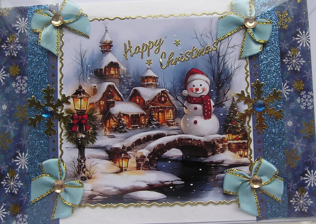 Hand Crafted Decoupage Chistmas Card - Happy Christmas (3385) Village Snowman