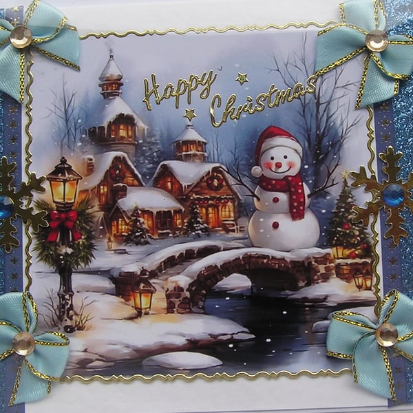 Hand Crafted Decoupage Chistmas Card - Happy Christmas (3385) Village Snowman