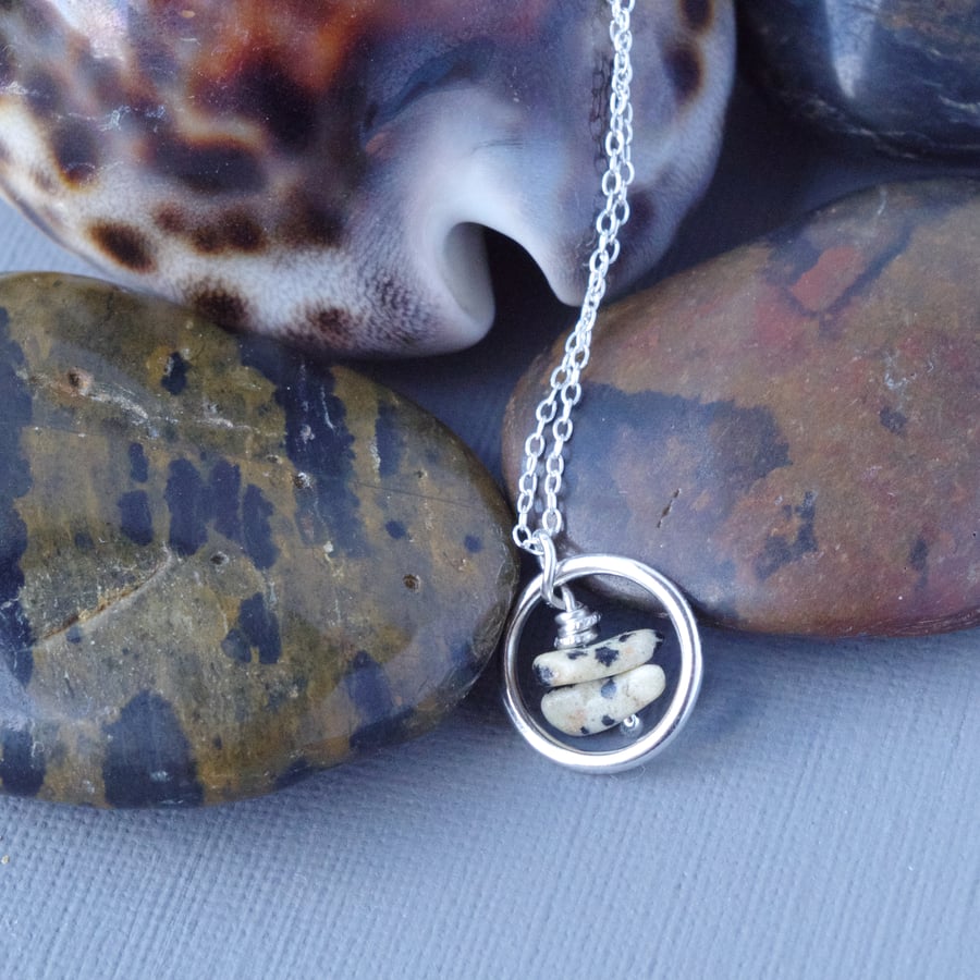 Ethical Sterling Silver Minimalist Karma Pendant & Spotty Dalmatian Jasper Gems