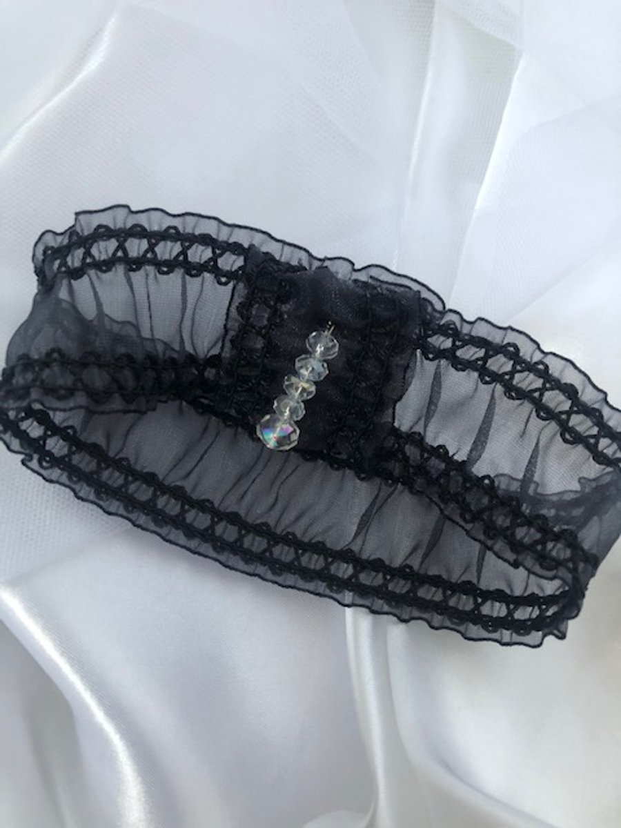 Black Sheer Organza & Crystal  Garter - Many Sizes Available 