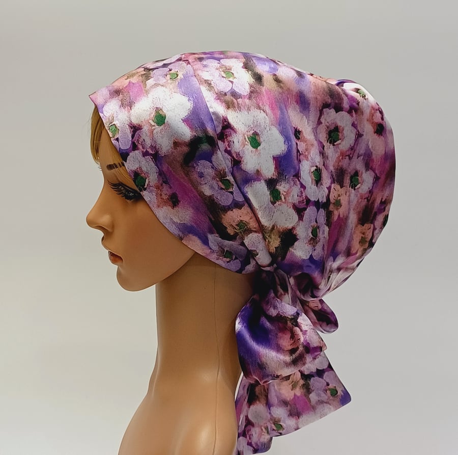 Satin lined bonnet with ties, silky tichel, floral satin head wear for women