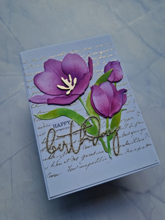 Purple tulip and gold glitter birthday card
