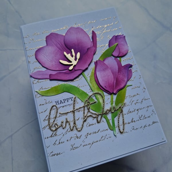 Purple tulip and gold glitter birthday card