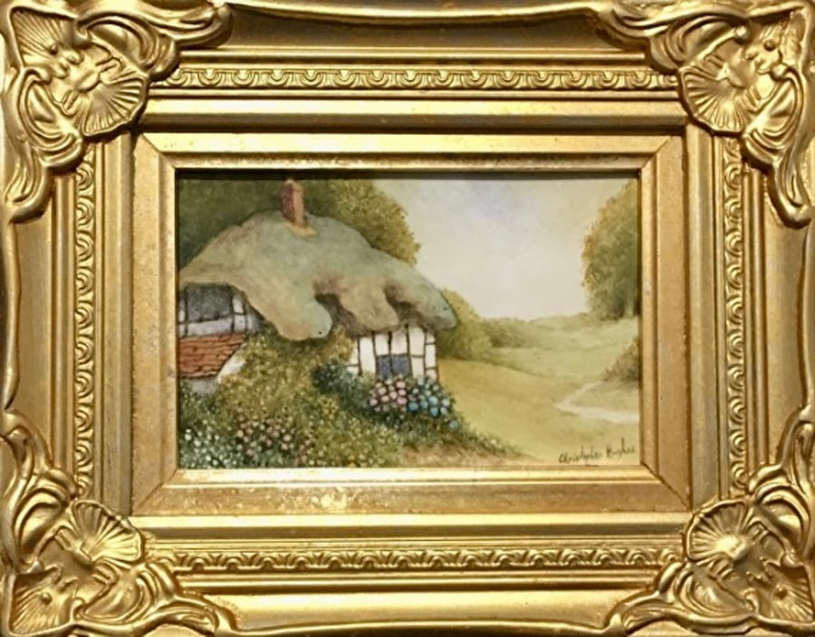 Worcestershire Thatched Cottage. Handpainted bone china plaque. 
