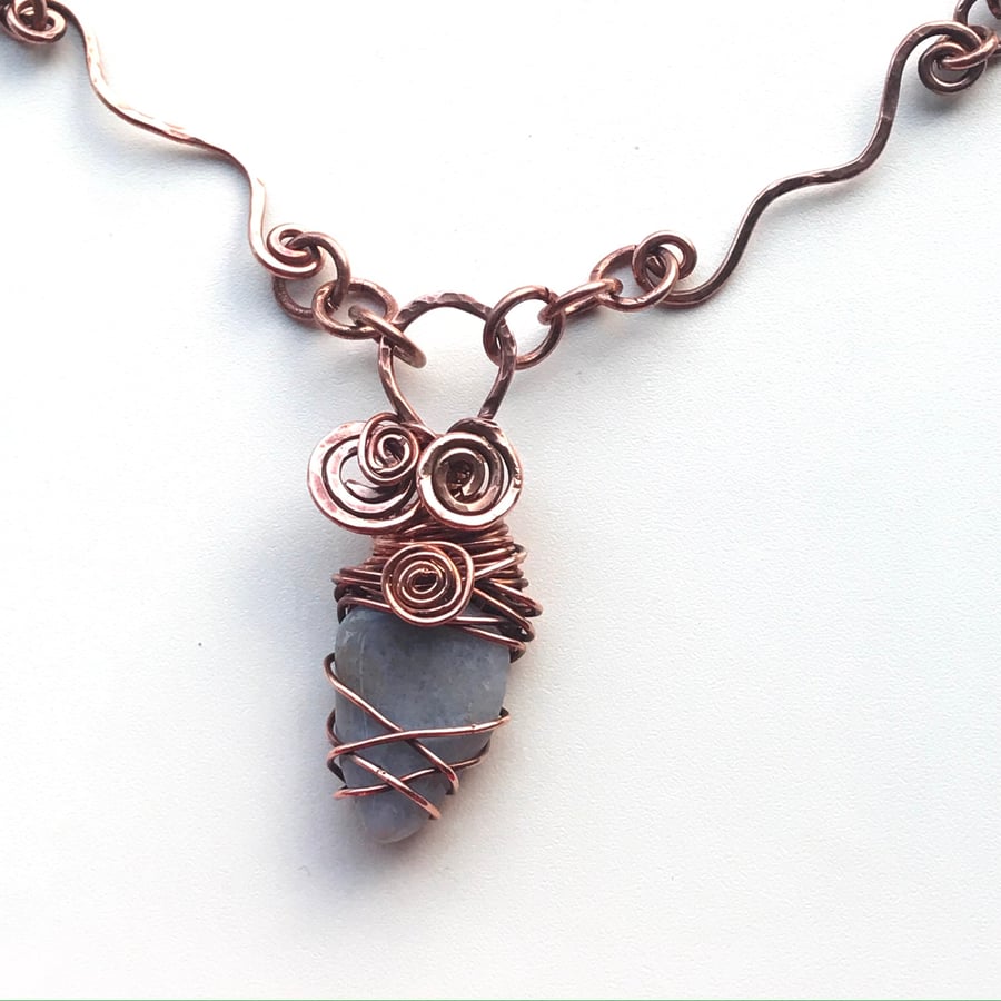 One of a kind Blue Chanceldony and Copper necklace pendant 