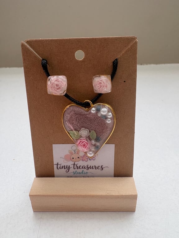Handmade Resin Pendant Necklace & Rose Resin Stud Earrings Set - Delicate Floral