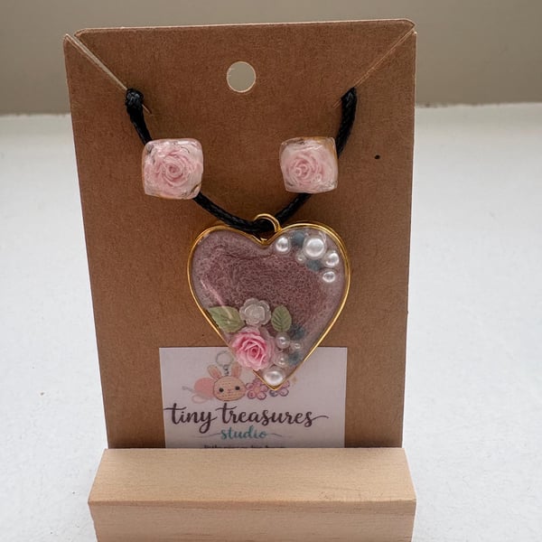 Handmade Resin Pendant Necklace & Rose Resin Stud Earrings Set - Delicate Floral