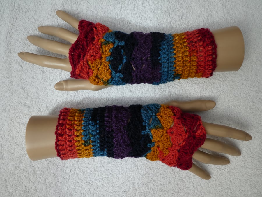 Crochet Fingerless Gloves Wrist Warmers in Double Knit Yarn Rainbow