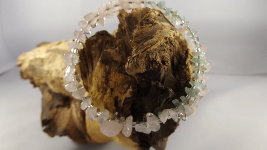 aquamarine and Smoky quartz and Rose Quartz memory wire bracelet