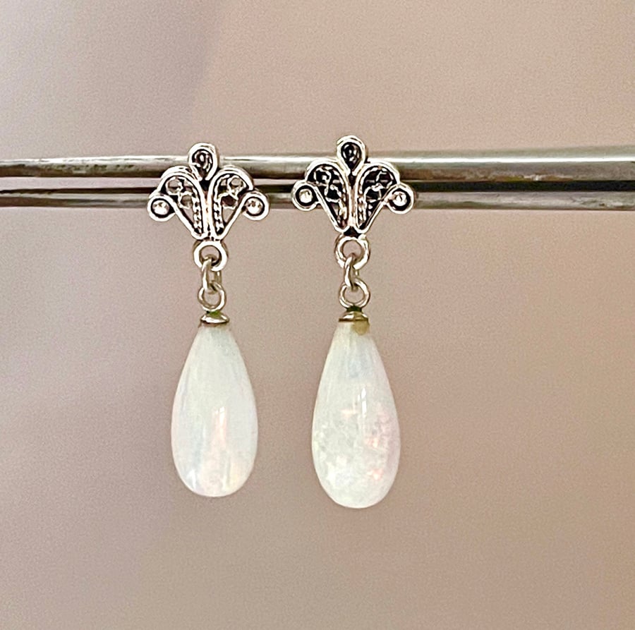 Opal and Sterling Silver Dangle Drop Birthstone  Earrings