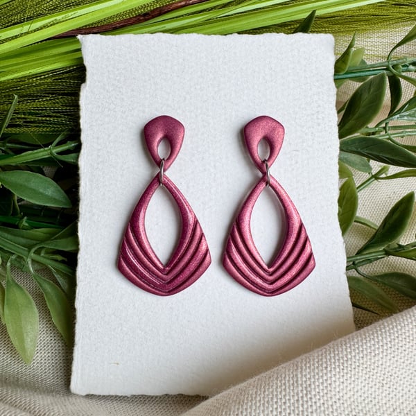 Burgundy Art Deco Polymer Clay Earrings - Elegant Shimmer Drop Dangles