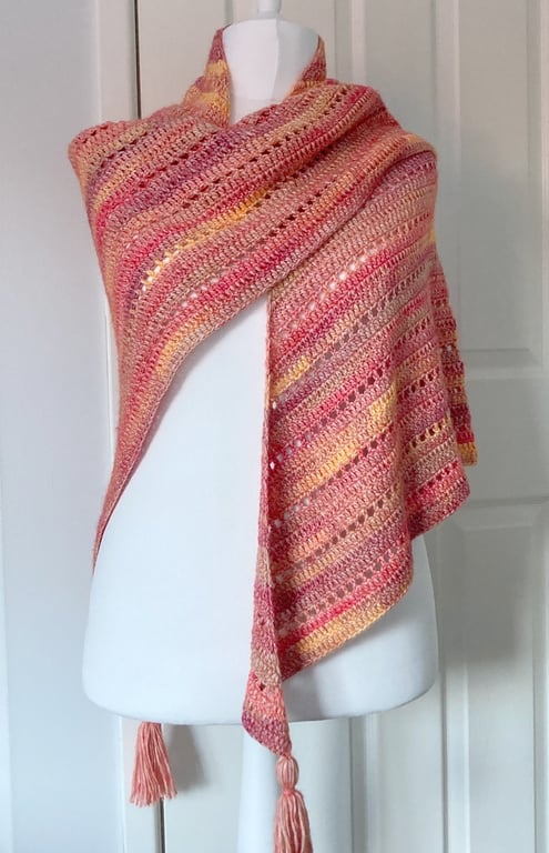 Crocheted Tasseled Cotton Triangle Shawl