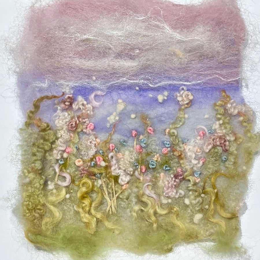 Unframed needlefelted floral wool art with embroidery 