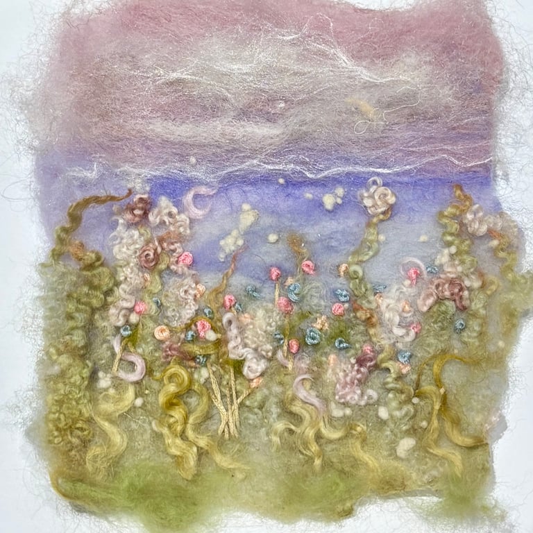 Unframed needlefelted floral wool art with embroidery 