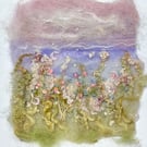 Unframed needlefelted floral wool art with embroidery 