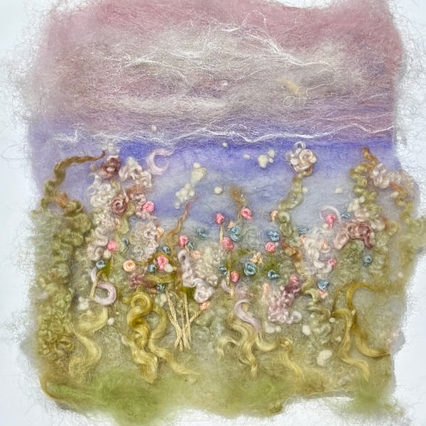 Unframed needlefelted floral wool art with embroidery 