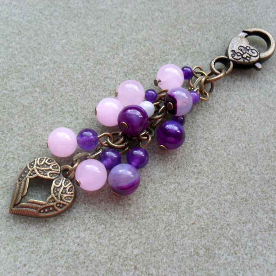 Purple and Pink Semi Precious Gemstone Bronze Tone Heart Bag Charm