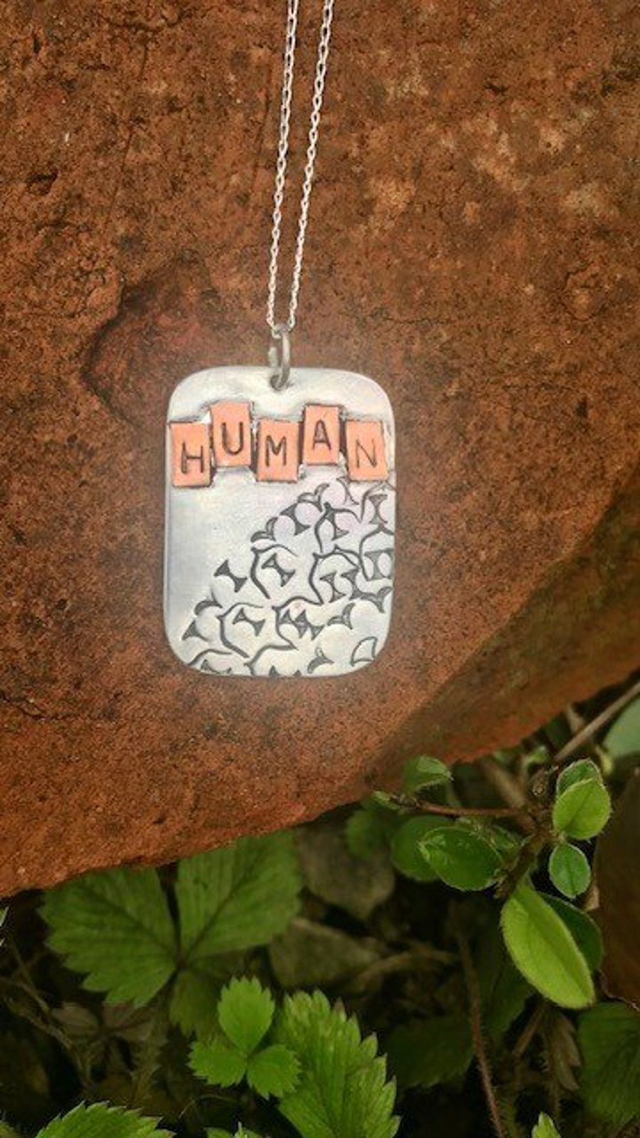 Handmade Sterling Silver 925 & Copper Stamped Pendant Necklace & Chain 