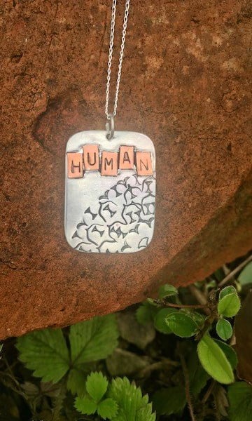 Handmade Sterling Silver 925 & Copper Stamped Pendant Necklace & Chain 