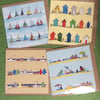 Pack of 4 coastal greetings cards - Seaside. Boats. Beach huts.