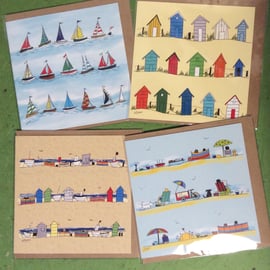 Pack of 4 coastal greetings cards - Seaside. Boats. Beach huts.