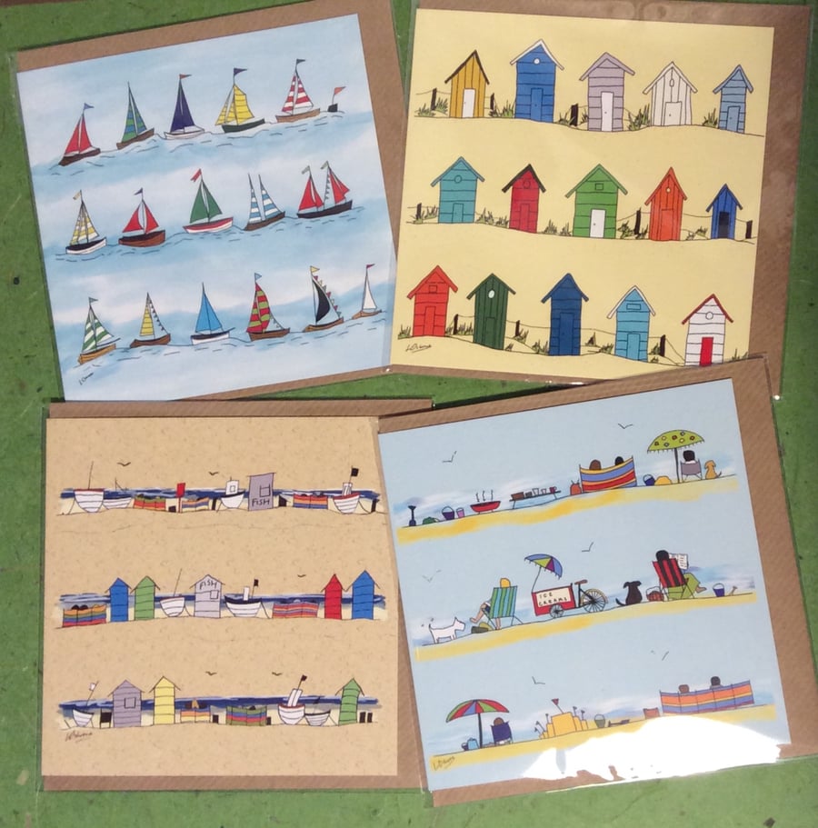 Pack of 4 coastal greetings cards - Seaside. Boats. Beach huts.