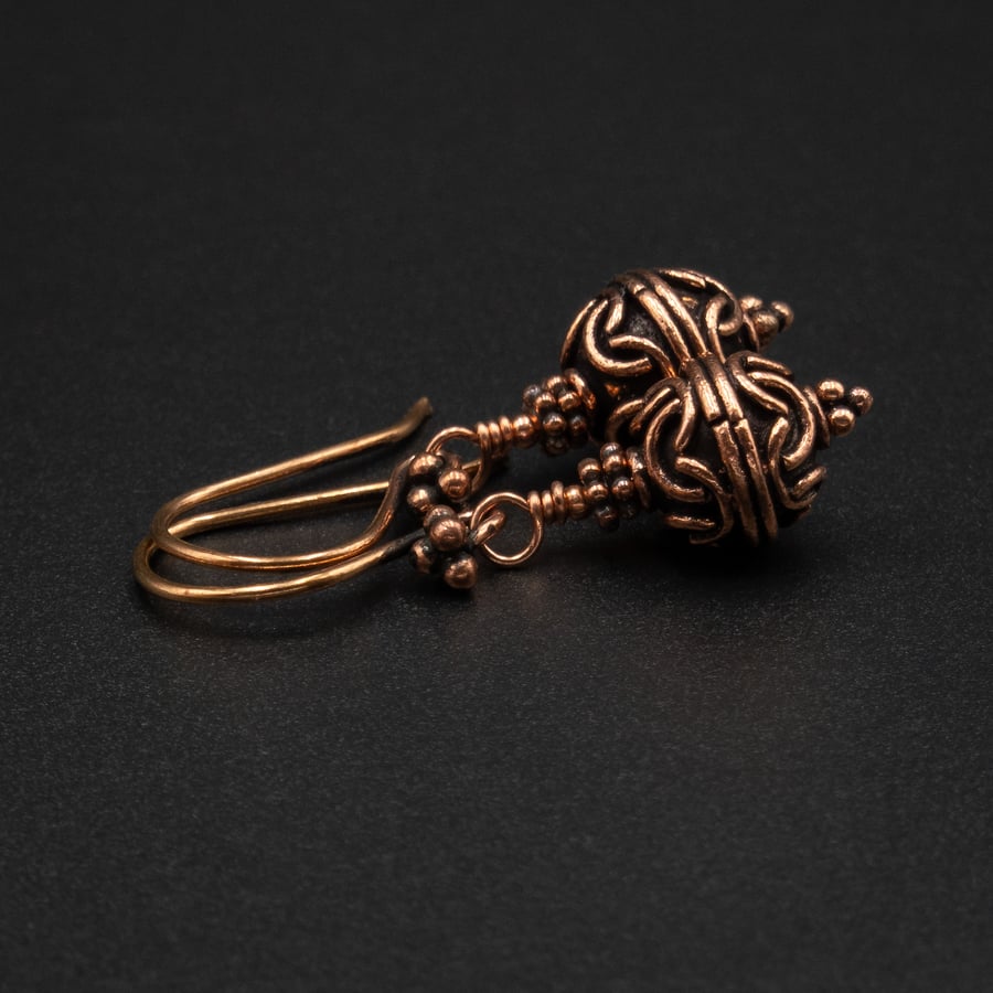 Copper Bali style bead handmade drop earrings , copper jewellery