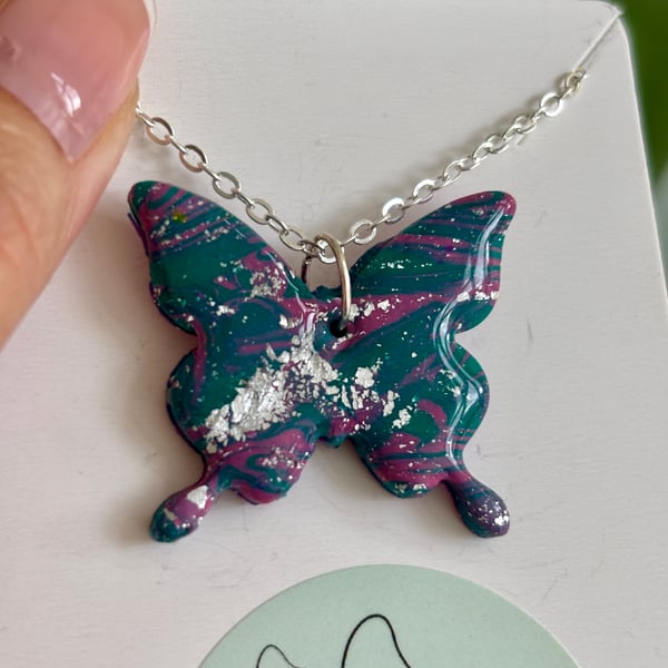 Twilight Marbled Butterfly Pendant Necklace