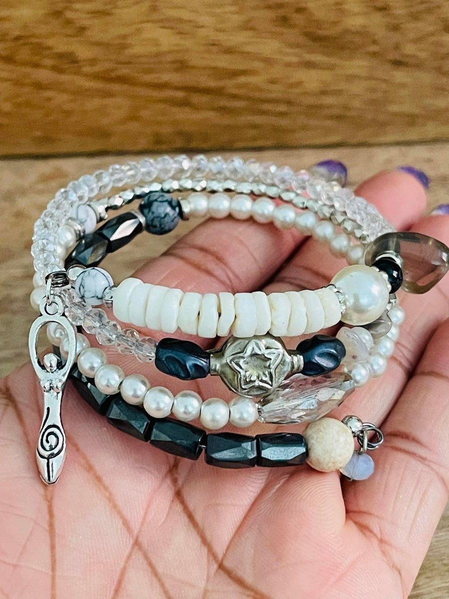 Winter Goddess Bracelet Pagan Wicca Witch Hematite Snowflake Obsidian  Howlite