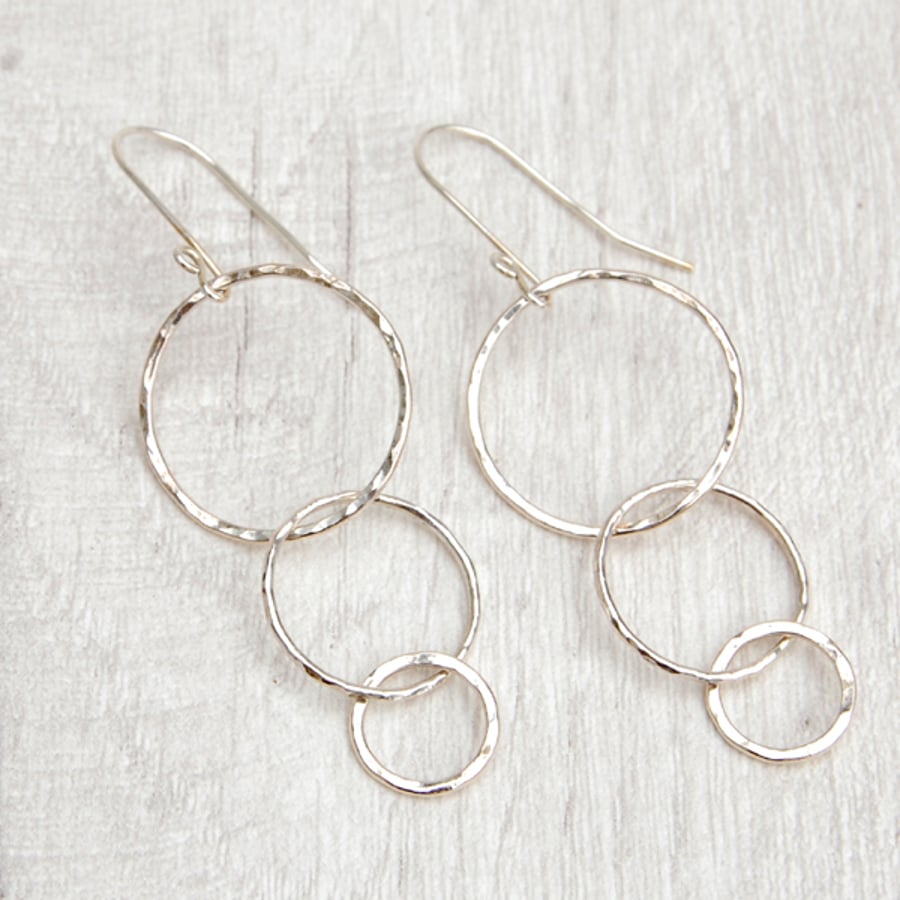 Trio of silver circles, dangle hook earrings