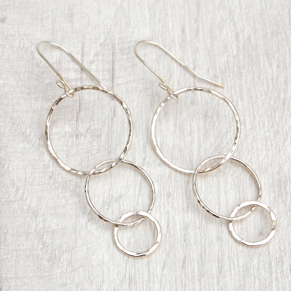 Trio of silver circles, dangle hook earrings