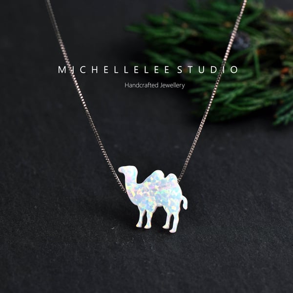 White Opal Camel Pendant Necklace With 925 Sterling Silver Chain