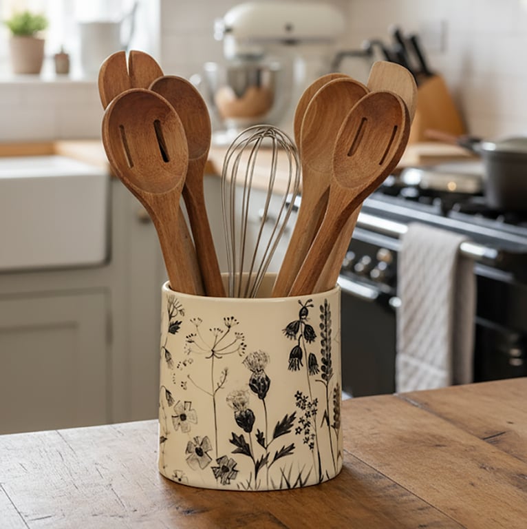 'Flower Sketchbook' Utensil Holder or Vase -handmade ceramic